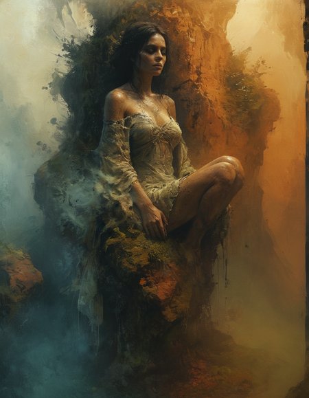 illustration, concept art, dynamic composition, An Aboriginal woman, draped in tattered cloth, sits atop a moss-covered, intricately carved stone sculpture within a cave. The scene evokes a sense of mystery and forgotten knowledge, with the woman as its silent guardian, treading on artstation, (style of Pascal Blanché, Mark Demsteader, Craig Mullins, Okuda San Miguel, Tom Bagshaw, artgerm:1.2)
