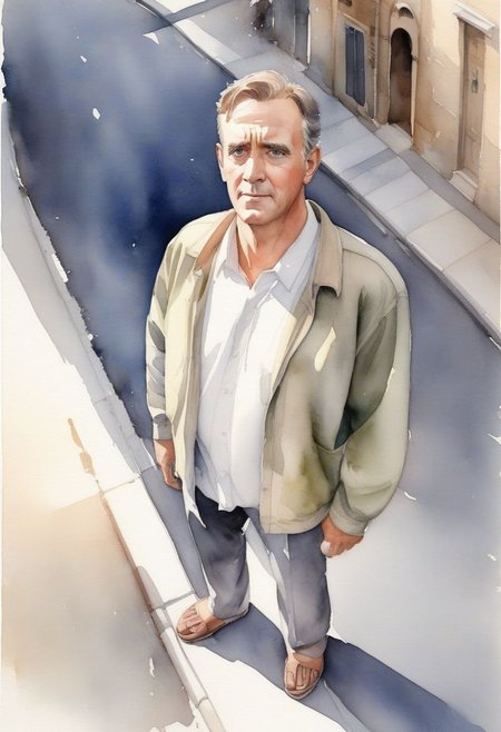 best quality, high res, high_angle, comp_right, 2/3_front, full_body,, (1man), standing in a street, detailed eyes and face, soft lighting, watercolor, semi-realistic