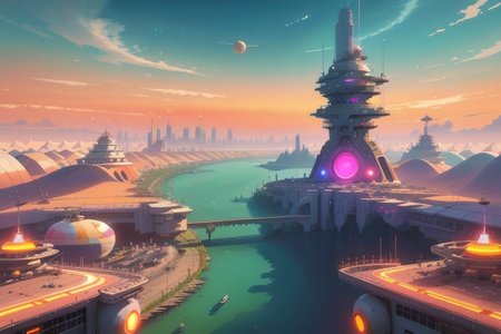 scifi fantasy, painterly concept-art, floating/hovering skydock, part of an astropunk manufacturing facility, where they produce commercial starships, up in the stratosphere, daytime, outdoors, cloudscape, implied scale, implied height, minimalist, [flat vector digital wallpaper style], high resolution, pastel hues, [orange, pearl white, pink, ochre, onyx, cobalt], neon lighting strips,