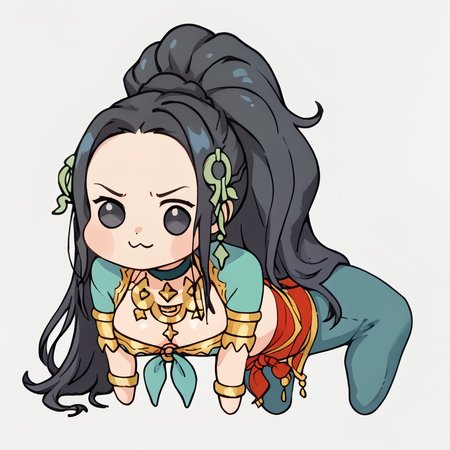 score_9, score_7_up, source_anime,  <lora:Doro_X_PDXL_V1:1> doro, creature, chibi, :3, <lora:LotusZE-pdxl:1> l0tus, black hair, high ponytail, long hair, hair ornament, black eyes, choker, cyan shirt, crop top, front-tie top, o-ring, cleavage, necklace, short sleeves, armlet, red sash, blue pants, simple background