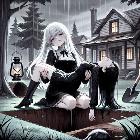 absurdres, explicit, grave digging, hand on ground, princess carry, 2girls, sleeping, carrying, crying, tears, sad, breasts, closed eyes, closed mouth, pale skin, long hair, black hair, white hair, gothic dress, bangs, tree, grass, death, corpse, victorian, house, building, oil lamp, lantern, shovel, fog, smog, grey sky, seiza, head tilt, rain, water drop, from below, low angle, wide shot, ((biting own lip)), ((leaning back)), <lora:girlhategravedigging_ilxl:0.8>