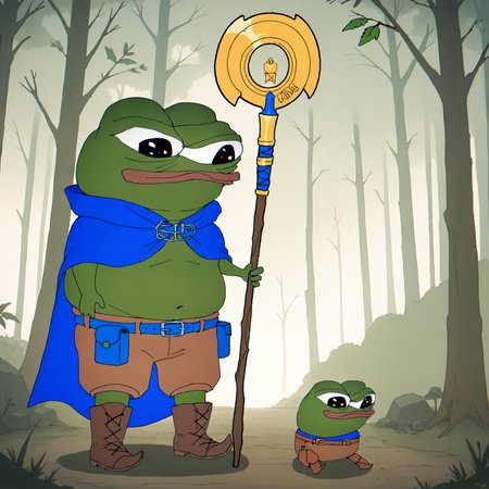 score_9, score_8_up, score_7_up, score_6_up, score_5_up,
Pepe,
hat, staff, solo, pouch, nature, forest, bird, belt, frog, cloak, 1boy, tree, outdoors, cape, parody, belt_pouch, holding, witch_hat, standing, holding_staff, boots, no_humans, black_eyes, style_parody, brown_footwear, full_body, day
<lora:Pepe_MKII:1>