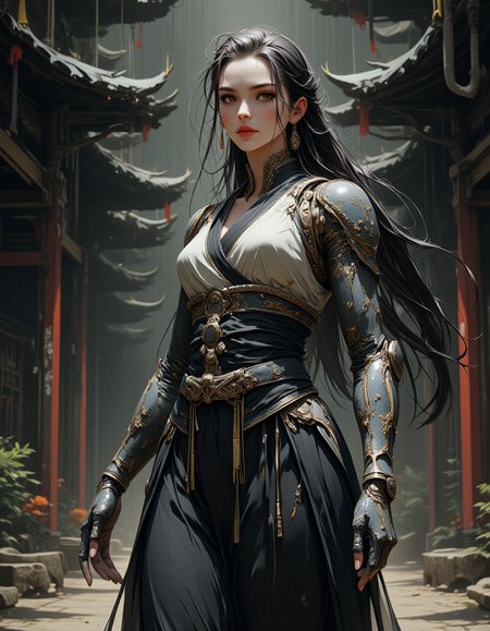 A cyborg Chinese heroine stands before a ancient structure adorned with traditional Chinese machinery. Her mechanical arms have replaced her original limbs, with metallic skin hidden beneath her traditional martial arts attire. A portion of her face is scarred, revealing mechanical components underneath. The overall style is cold and modern yet blended with Chinese elements. Watercolor ink wash technique is used to create a moody atmosphere, incorporating cyberpunk elements. Darker tones dominate the color palette.,,cyborg woman, Chinese heritage, martial arts attire, metallic skin, scarred face, mechanical arms, traditional machinery, ancient structure, cold modern style, cyberpunk elements, watercolor ink wash, moody atmosphere, darker tones,,<lora:Mechanical body:0.6>,<lora:Ethereal_EasternV2:0.6>