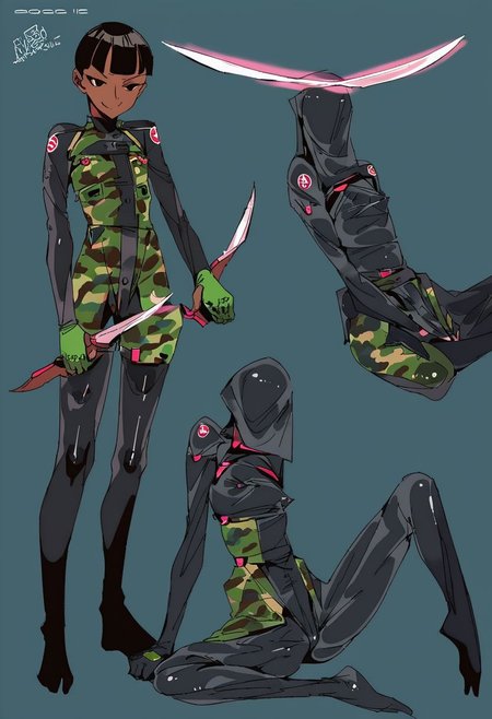 score_9, score_8_up, score_7_up, score_6_up, score_5_up, score_4_up,  1girl,  black eyes, green tree, ((midnight)), tilted angle, loop lighting, (((forest))), solo, ((((holding sickle)))), Concept Art, (((((((camo bodysuit))))))),  flat breasts, flat ass, skinny leg, skinny body, slim girl, (18 years old)), ((pettie)), narrow waist, flat chest, , (((short))), flat breasts, flat ass, narrow waist, ((flat chest)), (((short))), ((flat chest)), (((anorexic))), ((((dark skin woman))))), (((tight green glove))), ((((bodysuit)))), black hair, (((pixie cut))),  (((smug))), ((green glove)), , ((nipple)), ((((((dynamic pose)))))))   , ((((((dynamic hand))))))) , ((((((dynamic leg))))))) ,(((((((transparent black bodysuit)))))), ((transparent gas mask)), , ((((lesbian))))), ((((lying down)))), ((((character sheet))))