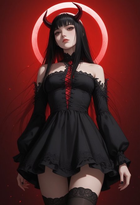 **Score and Quality Settings:**  
- Score: 9  
- Score Thresholds: 8 and above, 7 and above, 6 and above  
- Masterpiece Quality: 4K, high quality, best quality (1.1), cowboy shot (mid-body up), side view (looking down), angelic theme, sun, heat, veins
realistic photo, 
young female, 20-year-old, black __appearance/hair__, goth girl, venom on sides, demon (52%), horns, red alignment, fox ears, spark, lean, shady
sheer sleeves dress, laced short skirt, decorated with stripes, thigh-high stockings, paved
in bedroom, 
__time__ at night, acidic