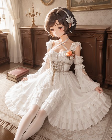 Positive: Masterpiece, best quality, amazing quality, very aesthetic, high resolution, ultra-detailed, absurdres,
1girl,solo,
schndef, short hair, feather hair ornament,small breasts,brown hair, red eyes,white hairband, 
white off-shoulder lace ruffled dress,
white dress,white off-shoulder,lace,frills,
criss-cross halter,
corsage,jewelry,
long sleeves,detached sleeves,
white lace pantyhose,sitting，
Sunlight-filled, high ceilings, crown moldings, elegant wallpaper, framed artwork, grand bookcase, leather-bound books, polished wooden table, vintage tablecloth, upholstered armchairs, marble fireplace, patterned rug, crystal chandeliers, refined elegance, timeless sophistication.