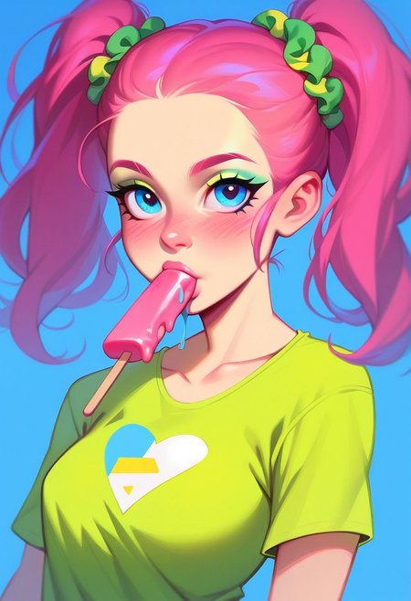 score_9, score_8_up, score_7_up, c0l0r1f1c4t10ncy4n,ColorificationCyan,Colorification Cyan, masterpiece, best quality, 1girl, solo, skinny, flat breasts, blue eyes, pink candy hair, two pigtails, green elastic scrunchie, makeup, green eye shadows, (black long eyes arrows), blush, yellow short t-shirt with pattern of hearts, blue manicure, BREAK sucking green popsicle, popsicle in mouth, BREAK medium shot, blue background