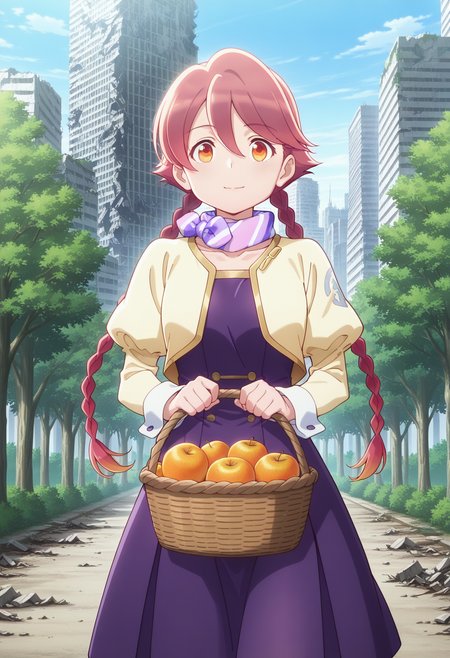 masterpiece, best quality,  absurdres, highres, cinematic light, 1girl, <lora:anime_screencap:1>, anime screencap, anime coloring,  <lora:yachiyo-Illustrious:1>, yachiyowz, red hair, long hair, twin braids, hair between eyes, gradient hair, orange eyes, scarf, multicolored scarf, striped scarf, purple dress, yellow jacket, cropped jacket, long sleeves, juliet sleeves, black pantyhose, walking, looking at viewer, outdoors, nature, tree, holding basket, fruit, day, blue sky, city, destruction, post-apocalypse, cowboy shot, light smile