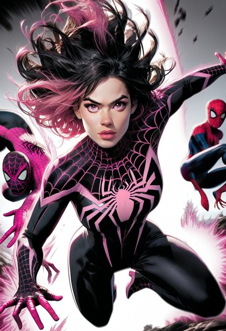/Spider_Ayane/, pink lipstick, long black hair, pink hair highlights, medium breasts, portrait, black bodysuit with pink spider print, looking at viewer, pouty lips, pink eyes, dynamic pose, leaping into the air, web swinging, spiderman pose, full body shot