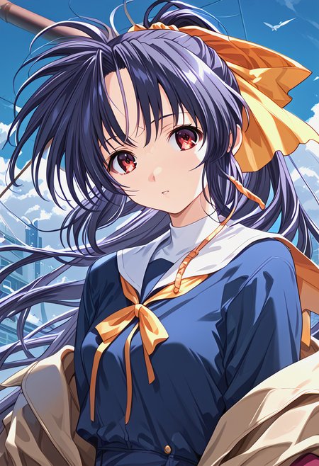<lora:trumkuu_Pv11-000030:1>, ntrkuu, 1girl,  long hair, long sleeves, parted lips, ponytail, red eyes, solo, yellow ribbon, (school uniform:0.8),, BREAK score_9, score_8_up, score_7_up, score_6_up, source_anime, best quality,