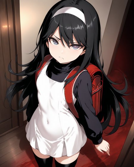 1girl,
SakoErikaDevilSummoner,
safe, solo, perspective, from above, dutch angle,
long hair, black hair, hairband,
beautiful eyes, looking at viewer, frown,
white dress, turtleneck, long sleeves,
black thighhighs, zettai ryouiki, randoseru,
room, dim lighting, blood,
depth of field,
<lora:kp_SakoErikaDevilSummonerAnimagineXL_v1_0:1.0>
masterpiece, high score, great score, absurdres