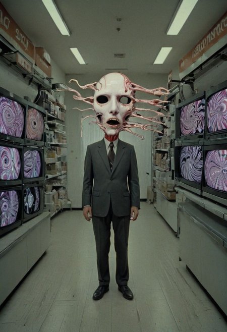 the man is a slicer: the slicer slices face's slices into further slices: the other man is the puller. The puller pulls the slices apart into planar sections dividing the entire image, and the face becomes a mask of incomprehension slit into an array of emigmatic glowing visions, both paranoiac and wildly schizoid. He has a haunting, bone aching beauty that is impossible to ignore, androgeny.