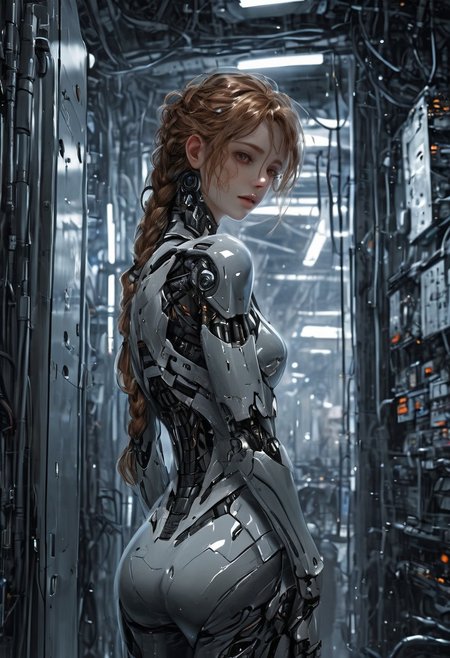 cpunk, 
score_9, score_8_up, score_8, female, cel-shading, backlit, delicate features, very long hair, (braid), upper body, big breasts, techwear, cyborg, techwear, dynamic pose, freckles, glowing machine parts, jumpsuit, edgelit, seductive smile, cold, Taller than the door, workshop, detailed background, wide hips, thick thighs, ((smug)),