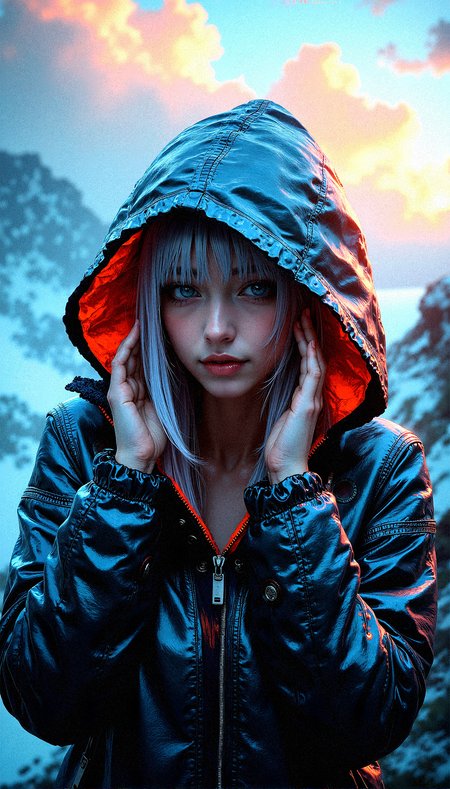 A mysterious beauty is the focal point of this intricate digital artwork, her shining silver hair barely visible beneath a stylish hooded jacket with neon lining. The jacket is made of a reflective, almost metallic material that catches and refracts light in complex ways, creating a visually stunning texture. The figure’s eyes are hidden in the shadows of the hood, adding to the air of mystery and intrigue. The background features a dramatic, on a cold mountain summit, cloud-filled sky, rich with vibrant colors and swirling patterns, as if nature itself is in turmoil or transition. The lighting is intense, with beams of light cutting through the clouds, casting dynamic shadows across the figure’s face and clothing. The overall composition is highly complex, with rich, saturated colors and extreme detail, making every element—from the texture of the jacket to the vibrant sky—stand out with striking clarity and depth.

Fingers lightly touching the temples, indicating concentration