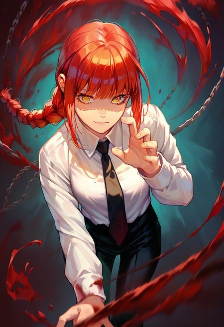 score_9, score_8_up, score_7_up, score_6_up, score_5_up, makima, 1girl, yellow eyes, red hair, braided ponytail, ringed eyes, white collared shirt, black necktie, 
dynamic pose, 
pinup,  
blood splatter, chains, hands,