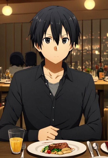 high resolution, solo, best quality, 1Boy, Kazuto Kirigaya, Black Hair, Black Eyes, dating, romantic, dinner, OverallDetail