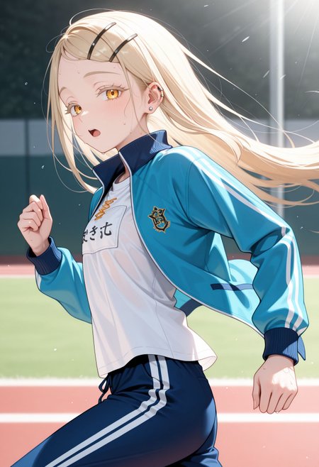 masterpiece,best quality,absurdres,highres,very aesthetic,high quality,detailed,insanely detailed,beautiful,perfect lighting, looking at viewer, very awa
 <lora:Hiro Shinosawa illu:1> SHINODef, 1girl, hair ornament, long hair, hairclip, blonde hair, track jacket, jewelry, open mouth, yellow eyes, earrings, sweat, upper body, looking at viewer, ear piercing, long sleeves,
running, , open mouth, sweat, motion blur, , running, , open jacket, track jacket, track pants, blue jacket, white shirt, blue pants, totaly tired,, from side, exhauted, tired