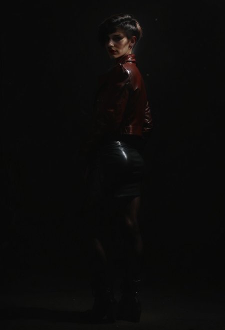 score_9, score_8_up, score_7_up, score_6_up, 30 yo sissy (man in woman clothes) walking at night in the park, androgynous beauty, very sexy, short pixie haircut, dark hair,  flat chest, male chest,  black leather micro skirt, ((tight skirt)), ((narrow hip)) ((small butt)), red leather jacket, glistening jacket, ((black pantyhose)), black leather high boots,  pearl earrings,  hands in jacket pockets, turning the body towards the viewer, (twisted body), sexy smile, ((looking at the viewer)), side view from behind,  full body shot,  dynamic composition, full body shot, wide angle, Expressiveh, ArsMJStyle, Colored pencil hyperdetailed realism