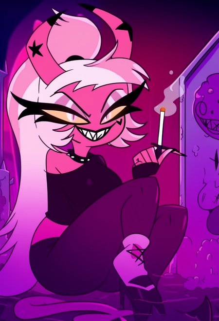 VerosikaMayday. VerosikaApologytour. demon girl. pink skin. horns. female focus. tail. wings. succubus, smile, teeth, nail polish, grin, evil smile, evil eyes, goth make up, sitting on grave, Oudoors, graveyard, looking at you, smoking