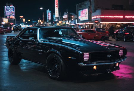 black camaro, cyberpunk city, night time, neon lights