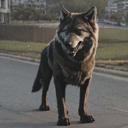 sfw, masterpiece, best quality,absurderes,photo,realistic,source_photo,outdoors,suburbs,buildings,sidewalk,no humans,animal focus,wolf,open mouth, <lora:Reallustrious_Beta2:0.8>