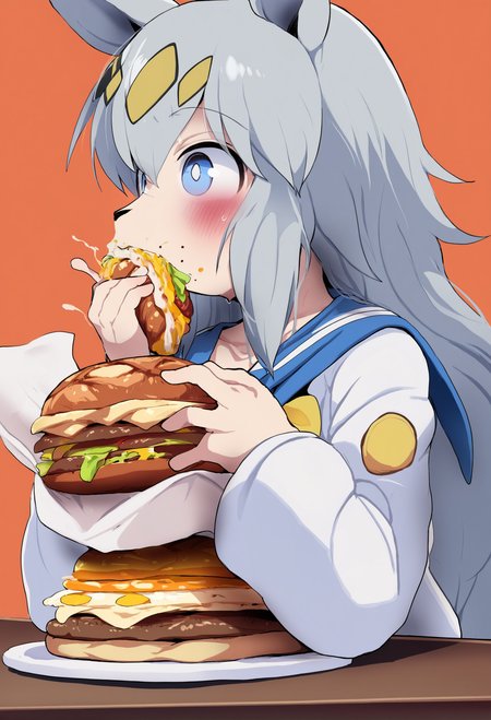 masterpiece, hyper detailed, best quality,(furry:1.3),1girl, oguri cap (umamusume), solo, food, animal ears, burger, horse ears , long hair, blue eyes, ahoge, grey hair , sailor collar, simple background, long sleeves, eating, orange background, shirt, bangs, upper body, white shirt, hair between eyes, neckerchief, blue sailor collar, horse girl  ,<lora:DAGASIXLlokr8f-000188:0.95>
