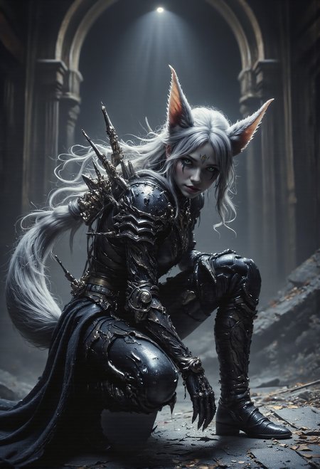 A striking sexy figure crouches in a dimly lit, ancient stone temple, their silver-gray armor glinting faintly in the muted light. The characterâs posture is low and predatory, with one hand touching the ground, emphasizing a poised readiness. mischievous smile. Large, fox-like ears rise sharply from their head, covered in soft silver fur that matches the flowing, bushy tail curling behind them. Their hair cascades in silver waves, blending seamlessly with the muted gray tones of their surroundings. The intricate patterns of their armor are adorned with gothic engravings, sharp spikes, and organic designs, all unified in shades of steel, charcoal, and silver. The atmosphere is otherworldly, with subtle beams of light filtering through the cracked stone walls, casting a soft glow on the characterâs graceful yet fierce form. <lora:Dever_Flux_Enhancer.safetensors:0.5>,  <lora:DarkCore-000003.safetensors:1.0>,  <lora:black_fantasy.safetensors:0.5>,  <lora:s1n0z1ck style FG Flux Lora.safetensors:0.5>,  <lora:aiai-Glimra-Flux-Dev-v2.safetensors:0.5>,  <lora:Movie_Portrait.safetensors:0.8>,  <lora:- Flux1 - soothing_atmo_V2.0.safetensors:0.4>,  <lora:lith_mimosa_kiel_grw134_FLUX.safetensors:0.7>,