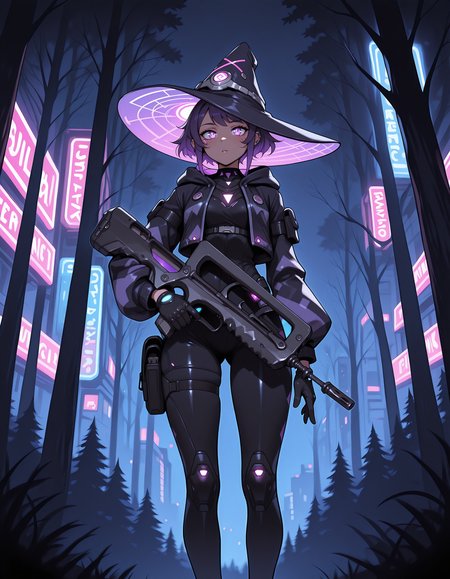1girl,  purple hair, angled view, <lora:famas_ill_v1.0:1> famas, assault rifle, bullpup, holding rifle <lora:cyberwitches:0.7> cyberwitches, witch hat, black gloves, hood, night, neon lights, forest, cyber punk girl, dark background, glowing, mist, city