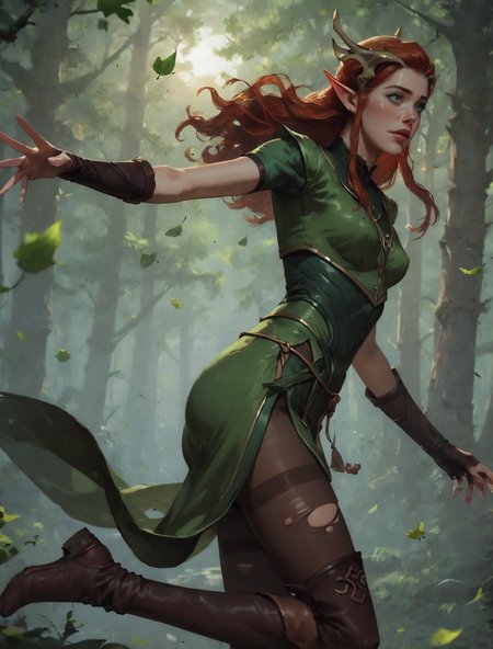 score_9, score_8_up, score_7_up, realistic, a beautiful girl, cute 18 year old elf girl, red hair, kawaii girl, skinny, petite body, perfect cute face, narrow hips, thin thighs, small breasts, long red wavy hair, pale skin, green eyes, detailed anatomy, realistic drawing, best quality, high res, highly detailed, medium breasts, druid, 
keyleth, long hair, green eyes, pointy ears, elf, freckles, fantasy, 
thighhighs, boots, fingerless gloves, thigh boots, brown footwear, 
((brown pantyhose)), tights, brown torn pantyhose, leotard, 
leather armor, green dress, short sleeves, sash, side slit, gauntlets, fantasy, adventurer girl, 
concentrated expression on the face, 
BREAK
realistic, realistic drawing, best quality, high res, highly detailed, pointed ears, skinny arms, slender body, tiny waist, slim thighs, 
detailed background, 
very detailed, depth of field, golden hour, cinematic illumination, volumetric lighting, full color picture, vibrant colors, sunlight, lens flare, leaves are flying around, druid magic, nature magic, forest, 
BREAK
Keyleth (Vox Machina), posing cute, dynamic pose, very cute, round ass, expressiveh, concept art, realistic, small chest, perfect round breasts, petite body, very cute, long legs, shiny skin, 
BREAK
negative_hand, depth of field, 
Altar of the Moon Goddess, disquieting, Occult, Mysterious, Skipping
1dk, extremely detailed, gwentstyle, great lighting, Focused lights, hkmagic, 
<lora:Concept Art Twilight Style SDXL_LoRA_Pony Diffusion V6 XL:0.8>, <lora:Expressive_H:0.8>, <lora:add-detail-xl:1>, <lora:1dkXLP:0.4>, <lora:extremely_detailed:0.4>, <lora:GwentStyle_v2:0.5>, <lora:keyleth-ponyxl-lora-nochekaiser:0.9>, <lora:GWENTXLV3:0.2>