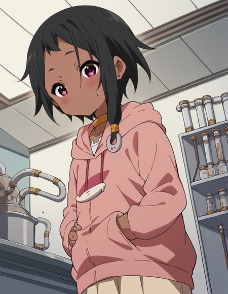 score_9, score_8_up, score_7_up, source_anime, <lora:choi-mochimazzi-s1-ponyxl-lora-nochekaiser:1>, choi mochimazzi, short hair, black hair, dark skin, dark-skinned female, pink eyes, sidelocks, jewelry, hoodie, pink hoodie, skirt,, refinery, pipes, smoke, metal, oil, , hand on stomach, blush,, looking at viewer, solo,, dutch angle, cowboy shot