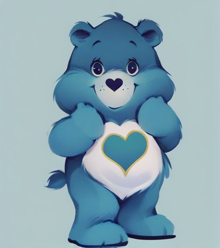 score_9, score_8_up, score_7_up, score_6_up, vintage style, bear, green and blue fur, full body, looking at viewer, smile, simple background, hearts, <lora:Pikaole_pXL:0.6>, pikaole,  shiny glossy texture, lineless, <lora:CareBearPD:0.8>