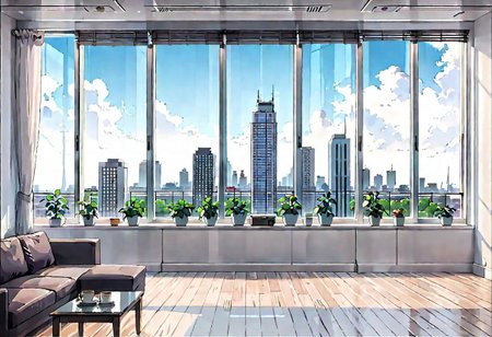 ((((front view)))), Shallow scene, ((animation style)), (((City high-rise building scenery))), ((((City scenery outside the window)))), (Facing the window), (open window), modern-style interior, Wooden floor, with white walls, (large windows), a living room, sofa and coffee table by the window sill, Sofa placed horizontally, noon, clear sky, low saturation