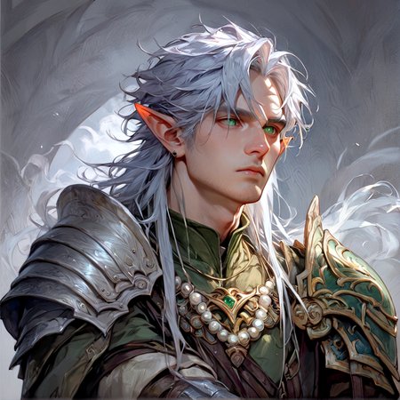score_9,score_8_up, score_8, 
dark, brooding,
1boy, pointy ears, Aric stands at 6 feet tall, with long silver hair that shimmers faintly in the light with his bright green eyes, and faint scales line his forearms. He wears simple traveling clothes over light armor, bronze amulet necklace,
 <lora:Expressive_H:0.5>  <lora:Dungeons_and_Dragons_Art_Style-000003:1>