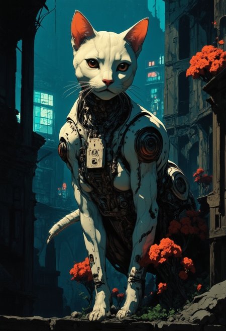 impressionist classical-style painting of a highly detailed, fantasy scene with a dramatic, robotic aesthetic. The central figure is an intricately detailed, hyper-realistic, portrait of a robotic cat girl, looking intently at the viewer, who is perched on her hind legs on a fence top late at night and bathed in moonlight. Her cat head and body are made of white plastic, shiny and smooth with multi-colored, exposed wiring going down her neck creating an organic mosaic pattern on her robotic skin. Her large cat eyes seem to hold ancient secrets. She is set against an eerie backdrop of an old warehouse. Her ornate, futuristic catsuit is adorned with delicate wiring and hand-crafted paper flowers, their petals unfolding like tiny, intricate sculptures torn and weathered by time. The overall impression is one of dramatic beauty, with an almost otherworldly quality. (((ultra-realistic style))), realistic soft lighting, dark, eye-catching, atmospheric lighting, natural, shallow depth of field, (highlights: 0.8), high detail (dynamic, cinematic shot, film grain, bokeh, depth of field,)