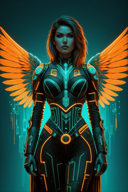 woman,cybershaman, talisman, feathers, ornanments, teal coloring, grid, orange outlines  cyberpunk, 1980s, retro, scifi, mad-cyberspace <lora:Neon_Cyberpunk_SDXL_-_Cyberspace:1>  <lora:Cyberpunk_Techno-Mages_SDXL:0.8@0,0@0.6,0@1>, <lora:EnvyBetterHiresFixXL01:1>, RAW photo, subject, 8k uhd, dslr, soft lighting, high quality, film grain, Fujifilm XT3