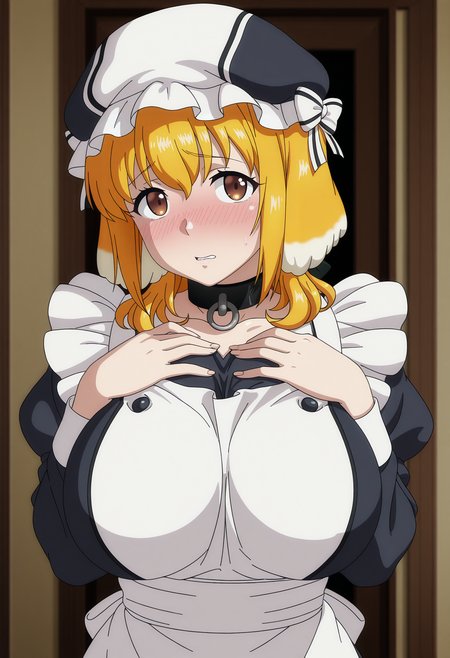 1girl,solo,mm,mature female,dog ears,dog girl,brown eyes,blonde hair,large breasts,anime coloring,
maid,mob cap,hat,,looking at viewer, ndoors,hands on own chest, embarrassed, parted lips, blush
,masterpiece,best quality,amazing quality,<lora:Roxanne-Isekai_meikyuu_de_harem_wo_IL:0.8>