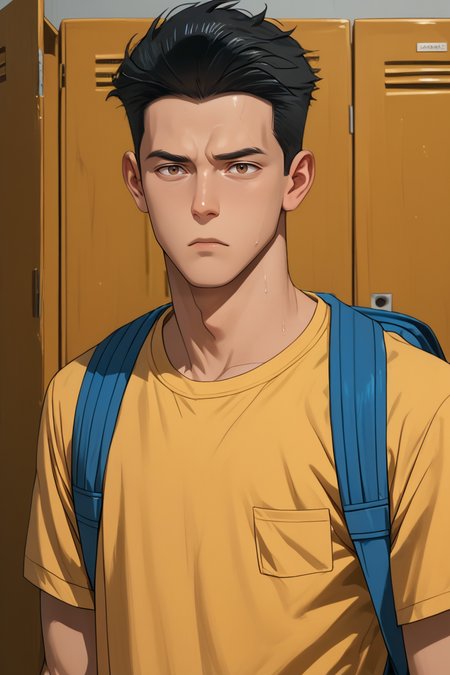 gay male, zPDXLxxx, source_anime, score_9, score_8_up, score_7_up, score_6_up, score_5_up, score_4_up  <lora:Mark_Grayson_Pony:1> mark_grayson, brown eyes, black hair, parody, young, yellow shirt, backpack, school locker room
