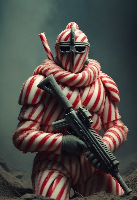 amateur photography, photorealism, best quality, candy_style, heavy armored soldier made of candy cane, stripes, helmet, gas mask, armor, knight, gun, ak-47, ruins, novuschroma style