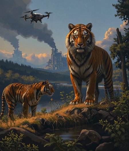 Beneath the golden light of a dying sun, three tigers stand as silent sentinels of a world slipping away. Their den, once a sanctuary deep in the jungle, now lies in the shadow of a relentless industrial invasion. Smoke rises in thick, curling plumes from the factory in the distance, its skeletal towers clawing at the sky, tearing into the land that once belonged to them. The river, which once mirrored the heavens in its crystalline depths, now runs thick with chemical waste, its surface shimmering with a sickly iridescence. Overhead, an unfeeling drone hovers, its cold mechanical eye locked onto them, reducing the last great beasts of the wild to mere data. 

At the forefront stands the male tiger, a magnificent creature of sheer power and untamed beauty. His broad shoulders ripple with muscle, and his thick, flowing mane—a rarity among his kind—catches the last golden light, each strand a testament to the strength of his lineage. His amber eyes burn with defiance as he lifts his gaze toward the drone, the artificial intruder dissecting his very existence with a lifeless stare. His breath is slow, steady—he does not run. He does not cower. He simply watches, daring the machine to look upon him and understand what it has come to destroy.

To his left, a tigress crouches low against the withering jungle undergrowth. Her sleek, battle-hardened body is coiled with tension, her muscles taut beneath her striking orange and black pelt. Her ears flick at the distant roar of machines, her sharp eyes flickering between the drone above and the poisoned river below. A soft growl rumbles in her throat, a sound both protective and mournful. She remembers when the air was filled with the scent of fresh rain and earth, not the acrid tang of steel and smoke.

Partially concealed within the den’s darkened entrance, the eldest tigress lingers like a specter of the past. Her once-flawless coat bears the marks of countless battles—not just against prey, but against time, hunger, and the encroachment of man. Scars lace her form, silent records of a world that no longer belongs to them. Her gaze drifts past the factory, beyond the fading jungle, to where the land once stretched unbroken and free. She does not need to see the future to know what is coming—she has already felt it in the quiet disappearance of the herds, in the strange hum of machines replacing the songs of the forest.

The composition of this piece is breathtaking, an emotional contrast of power and vulnerability. The warm, golden hues of the tigers' fur stand against the lifeless grays and metallic tones of the factory. Smoke and sunlight intertwine in the sky, a battle of nature versus progress. The river, both beautiful and tragic in its shimmering toxicity, winds like a dying vein through the heart of this fractured world. The drone, a symbol of human detachment, looms overhead—watching, recording, but never truly seeing.

This is more than a depiction of endangered creatures. This is a moment in time, a visual elegy for all that is being lost. The tigers stand together, not just as individuals, but as a fading lineage—an echo of a wildness that once roamed without boundaries. In this frozen moment, they remain majestic, untamed, unbroken. But for how much longer?  

Simon Stalenhag Style, v3lkat0k