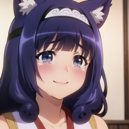 beautiful, masterpiece, best quality, extremely detailed face, perfect lighting, 1girl, solo,  <lora:HitamuKyan:0.6>, hitamukyan, hairband, shirt, bike shorts, black belt, smile, portrait, tears, blush