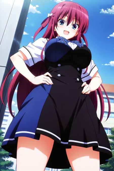 anime screenshot, anime coloring, suou amane, red hair, hair rings, white bow, hair bow, blue eyes,  large breasts, school uniform, pinafore dress, black dress, blue dress, two-tone dress, short sleeves, white shirt, blue bowtie, plaid bowtie, looking at viewer, open mouth, smile, hands on own hips, cowboy shot, outdoors, day, blue sky, from below, masterpiece, best quality, high quality, highres, absurdres,  <lora:suou_amane_ILXL:0.9>