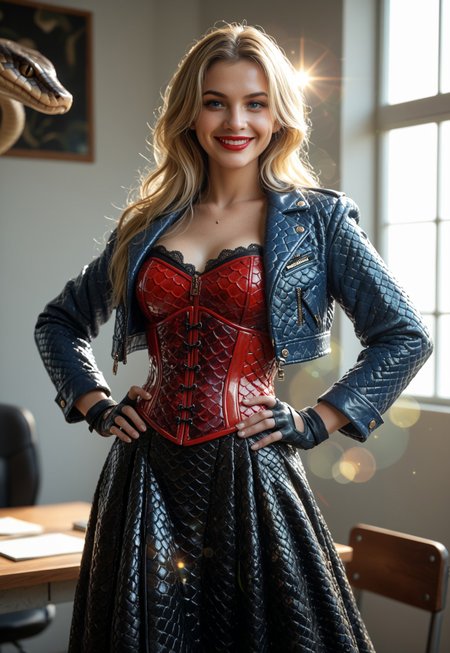 PonyXLV6_Scores, SN3K, snake, snek girl, 1girl, snakeskin black gloves, red snakeskin corset, blonde hair, blue eyes,  snakeskin blue jacket, fingerless gloves, snakeskin black leggings, gloves, hand on hip, jacket,  long skirt, snake scales,  lipstick, long hair, looking at viewer, makeup,  red lips, smile, solo, GlamorShots_PDXL