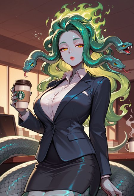 1girl, monster girl, fiery hair, (green fire), green hair, long hair, colored skin, grey skin, glow, masterpiece, best quality, absurdres,
office lady, secretary, skirt suit, pencil skirt, collared shirt, blazer, 
solo, cowboy shot, looking to the side, half-closed eyes, sleepy, coffee cup, holding coffee cup,
(lamia, snake hair:1.2), grey scales, slit pupils, 
intricate, highly detailed, majestic, shallow depth of field, movie still, circular polarizer