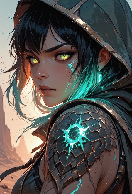 (masterpiece), (best quality), (8k), 1girl, cinematic lighting, dynamic action pose, mid-motion, desert setting, glowing heat haze, sun rays cutting through sand dust, monster scale armor, intricate textures, two-tone hair flowing in wind, intense expression, axe mid-swing, muscular build, determined face, cloak flaring behind, ambient particles in air, golden hour glow, cracked sandstone terrain, tribal hunter aesthetic, mid-leap or mid-charge, motion blur on background, focused eyes, golden energy, golden magic, golden trim, 
Close up, closeup,
