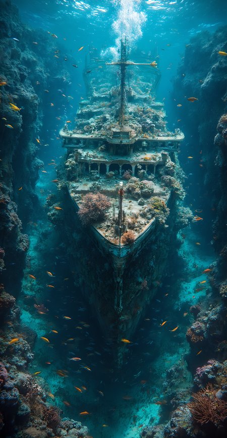 Ultra-high resolution fantasy art, 
A beautiful coral reef has formed on the remains of a decaying destroyed in places passenger ship that sank into the deep sea, and beautiful tropical fish swim around it. The remains of the passenger ship are completely attached to the bottom of the ocean. The wreckage is so dilapidated that it is unrecognizable as a passenger ship. The deep sea is a deep seabed, passenger ship, The passenger ship was so huge that only the shape remain as wreckage.
Many deep sea fish and beautiful tropical fish decorate the wreckage. A sad atmosphere, A realistic depiction of the remains of a passenger ship, Beautiful fantasy landscape of the deep sea,
Beautiful and realistic depictions of tropical and deep sea fish, A shot of the remains of a passenger ship, (Ultra HD, Masterpiece, Best Quality, 4K, 8k), Ultra Detail, Ultra-fine painting,High-quality 3D rendering. Dramatic Lighting,Professional photography resolution,Award-winning