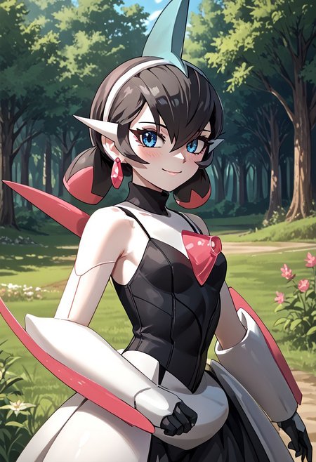 score_4,score_5,score_6,score_7_up,score_8_up,score_9 ((masterpiece,best quality,ultra detailed,highres,HD,4k:1.2)), 
1 girl,solo,face focus,
((ironvaliantsv,pokemon (creature), solo,colored skin, white skin:1.2)),
short hair,black hair,multicolored hair,Inner color pink hair,blue eyes,tattoo,black head gear,earrings,small breast,
outdoors,in the forest,day,
standing,
smile,.blush,light smile,