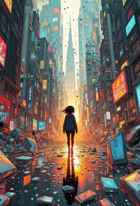 ff-enhance, ff-comic, Everything feels like it’s barely holding together, shattered glass, fractured spires, and her, caught in the middle of it all. Maybe it’s the glitches or the glow, but she’s less a person and more a memory trying to stay alive. Beautiful, but just out of reach, like all the best things, I guess.