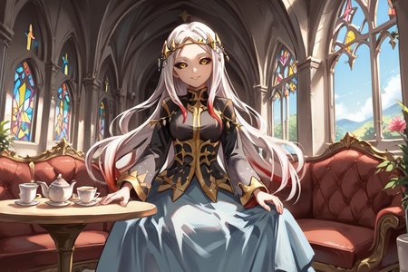 score_9, score_8_up, score_7_up, source anime, BREAK, <lora:Maxwell:0.8> , mxwdef, 1girl, colored sclera, black sclera, yellow eyes, white hair, long hair, multicolored hair, (red highlights), circlet, black dress, black sleeves, gold trim, blue sarong, sarong, see-through sarong, cowboy shot, looking at viewer, scenery, interior, living room, sitting in chair, tea, tea set, table in front of girl, church, garden, <lora:backgroundsetXL:0.2> , background, (solo), smile, <lora:hand 4:0.45> , Hand, hands, perfect hands,   <lora:04kXLP:0.6> , 04k,