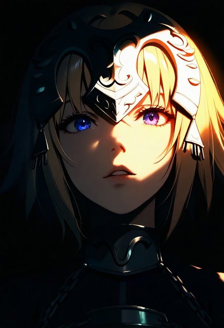 1girl, jeanne d'arc, solo, dark, light, the light illuminates part of the face, masterpiece, best quality, very aesthetic, close up,  parted lips