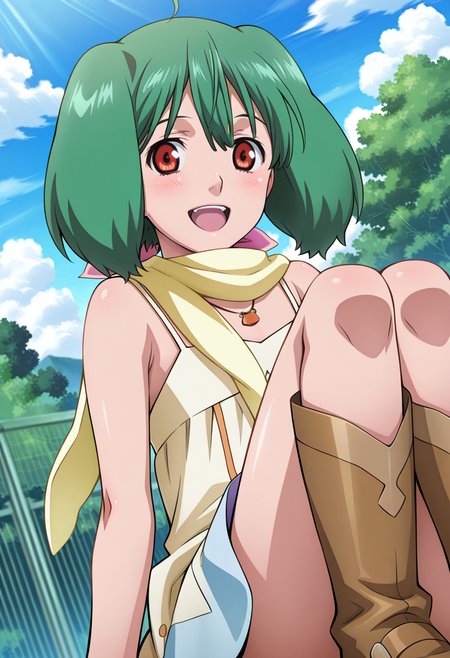 park, day, clouds,
BREAK,
open smile,  looking at viewer, 
cowboy shot, sitting,
dynamic angle, 
BREAK,
 <lora:rankaX_illustriousXL_v01:0.9>
ranka lee, rankacasuala, green hair, red eyes, short hair, ahoge, 
dress, yellow dress, sleeveless, bare shoulders,  yellow scarf, 
brown boots,, source_anime, very aesthetic, anime coloring, masterpiece, 
best quality, amazing quality, ultra detailed, very aesthetic, 
detailed background, 
BREAK,